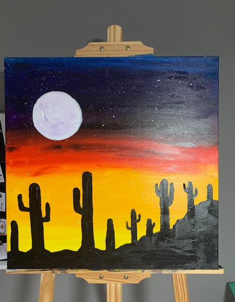 cacti - Kakteeen Acrylmalerei abstrakt mit bunt gefärbtem Himmel und einem riesigen Mond am Abendhimmel
